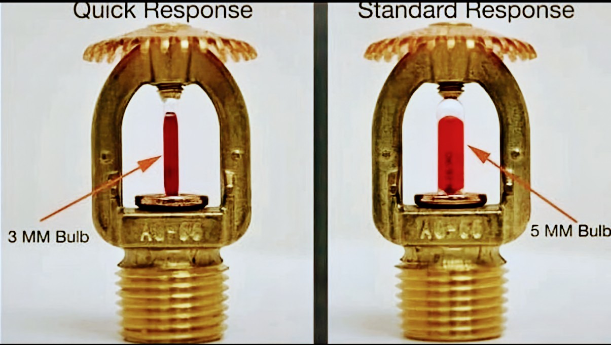 Side-by-side comparison of a quick response sprinkler head with a 3 mm glass bulb and a standard response head with a 5 mm bulb